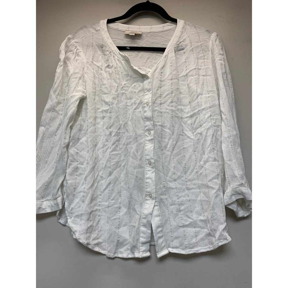Loft Outlet Blouse Women S White Gold Metallic Stripe 3/4 Sleeve Excellent Gauze